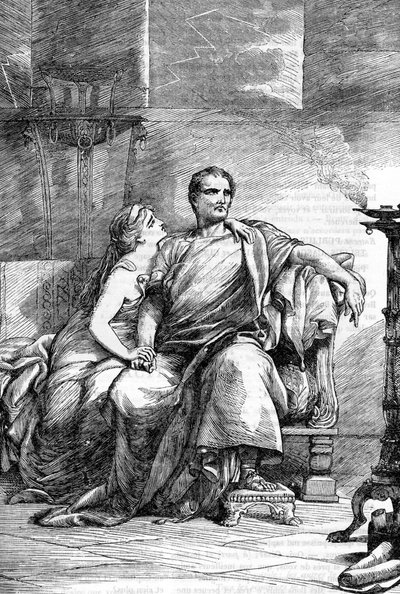 Calpurnia (Calpurnia Pisonis) og Cæsar - Jules Cesar - The Tragedy of Julius Caesar - Illustration i "" Completes de William Shakespeare"" 1866 - Illustrationerne og den generelle form for denne udgave er lånt fra Cassells illustrerede Shakespeare, pub af English School