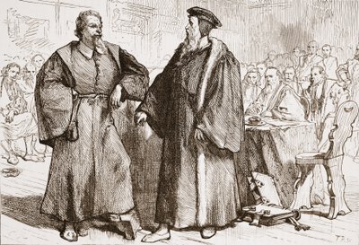 Calvin og Servetus før koncilet i Genève, illustration fra The History of Protestantism af James Aitken Wylie (1808-1890), pub. 1878 af English School