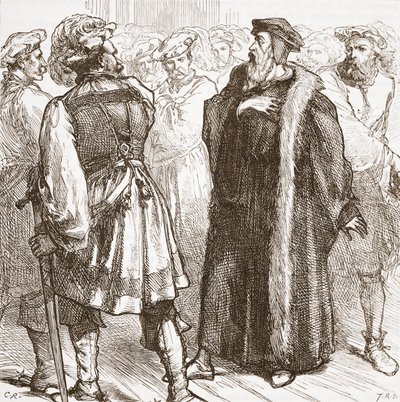 Calvin før sine fjender i Rådet, illustration fra The History of Protestantism af James Aitken Wylie (1808-1890), pub. 1878 af English School