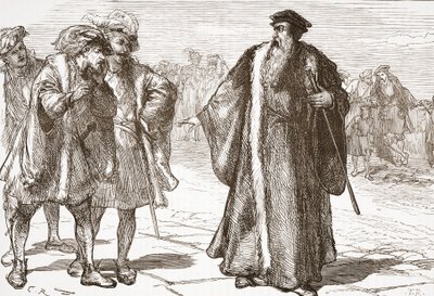 Calvin fornærmet af libertinerne på Rhone-broen, illustration fra The History of Protestantism af James Aitken Wylie (1808-1890), pub. 1878 af English School