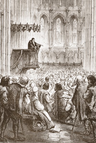 Calvin prædiker sin afskedsprædiken i forventning om forvisning, illustration fra The History of Protestantism af James Aitken Wylie (1808-1890), pub. 1878 af English School