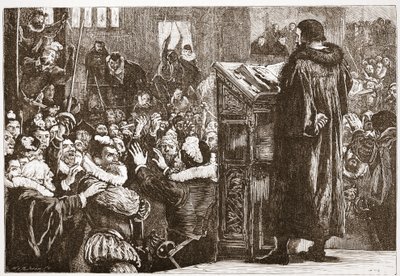 Calvin truet i kirken Rive, illustration fra The History of Protestantism af James Aitken Wylie (1808-1890), pub. 1878 af English School