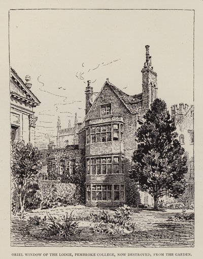 Cambridge: Oriel Window of the Lodge, Pembroke College, nu ødelagt, fra haven (ætsning) af English School