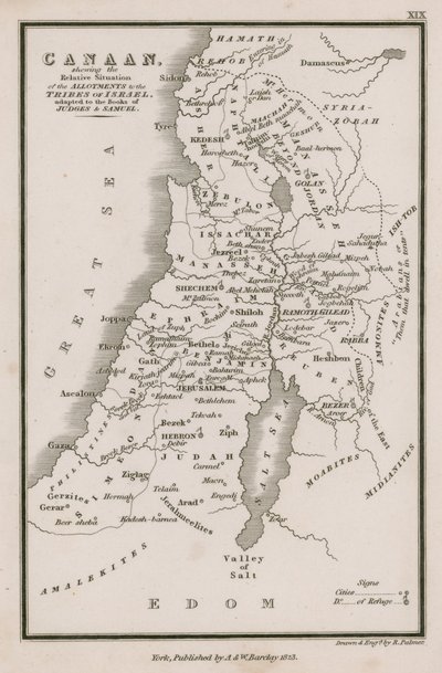 Kanaan, der viser den relative situation for tildelingerne til Israels stammer, tilpasset til Dommerbøgerne og Samuelsbøgerne af English School