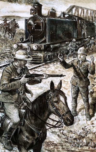 Tilfangetagelse af Winston Churchill under Boerkrigen (gouache på papir) af English School