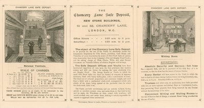 Kort, der annoncerer Chancery Lane Safe Deposit, 61-62 Chancery Lane, London af English School