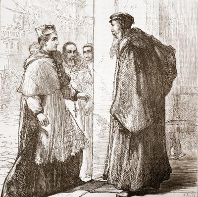 Kardinal Sadoleto besøger Calvin, illustration fra The History of Protestantism af James Aitken Wylie (1808-1890), pub. 1878 af English School