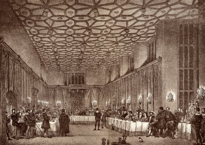 Kardinal Wolsey underholder de franske ambassadører i Hampton Court Palace, fra "History of Hampton Court Palace in Tudor Times" af Ernest Law, udgivet i London 1885 af English School
