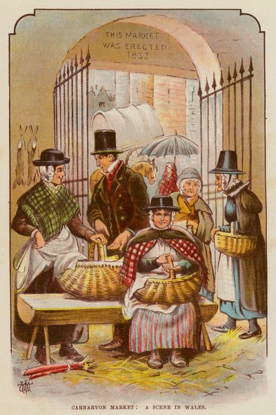 Carnarvon Market, en scene i Wales (farve litho) af English School