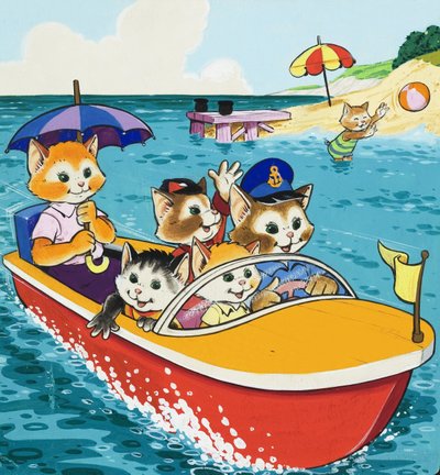 Kattefamilie i motorbåd af English School