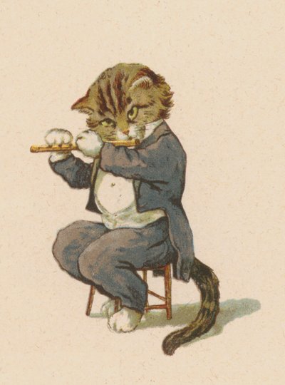 Kat spiller fløjte (chromolitho) af English School