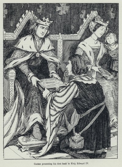 Caxton præsenterer sin første bog til kong Edward IV (litho) af English School