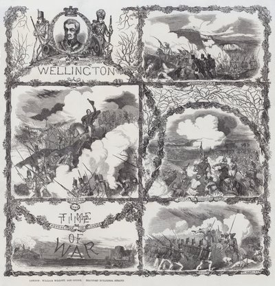 Fejring af hertugen af Wellingtons sejre ved belejringen af Seringapatam (1799), nederlaget ved Dhondia Wagh (1800), slaget ved Assaye (1803) og slaget ved Waterloo (1815) (kobberstik) af English School