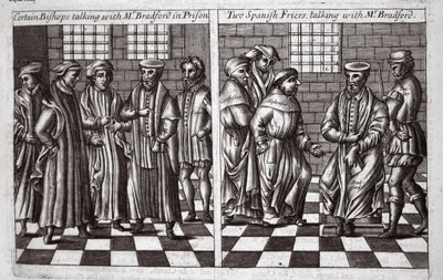 Bestimmte Bischöfe sprechen mit Mr. Bradford im Gefängnis, und zwei spanische Mönche sprechen mit Mr. Bradford, Illustration aus Acts and Monuments von John Foxe, neunte Ausgabe, veröffentlicht 1684 von English School
