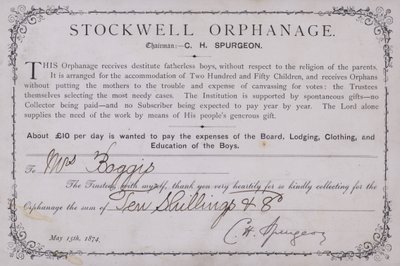 Takbevis for en donation til Stockwell Orphanage, London, 1874 af English School