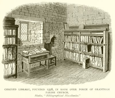 Chained Library, grundlagt 1598, i Room over Porch of Grantham Parish Church af English School