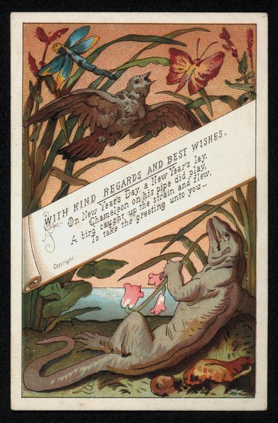 Kamæleon med vers og en fugl, nytårs lykønskningskort. (chromolitho) af English School