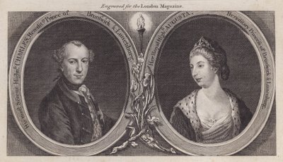Charles William Ferdinand, hertug af Brunswick, og hans kone, prinsesse Augusta, søster til kong George III (gravering) af English School