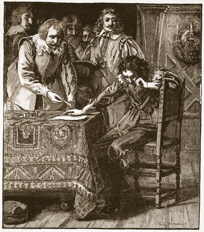 Charles underskriver samtykkekommissionen til Straffords Atainder, illustration fra Cassells Illustrated History of England (sepia-foto) af English School