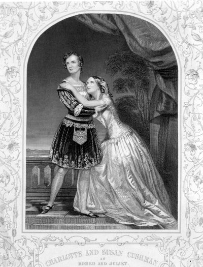 Charlotte og Susan Cushman som Romeo og Julie, akt III Scene 5 af Romeo og Julie, fra en daguerreotypi, pub. af John Tallis & Co. af English School