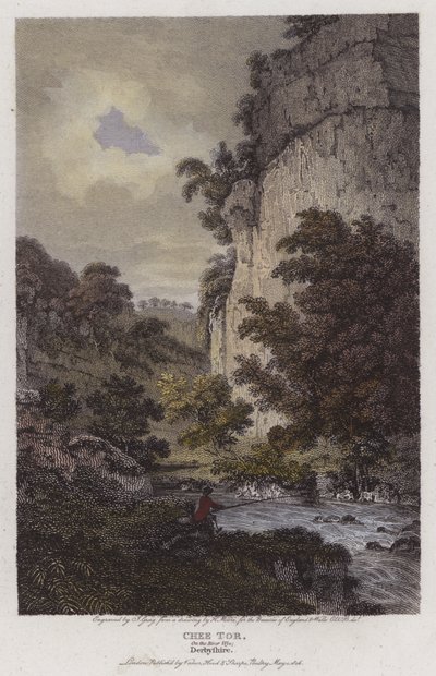 Chee Tor, ved floden Wye, Derbyshire (farvet gravering) af English School