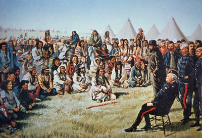Chief Poundmaker overgiver sig til general Middleton under det nordvestlige oprør i 1885 (farve litho) af English School
