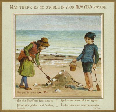 Børn leger på stranden - nytårskort af English School