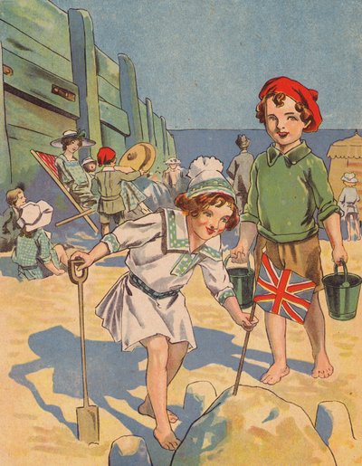 Børn bygger et sandslot (farve litho) af English School