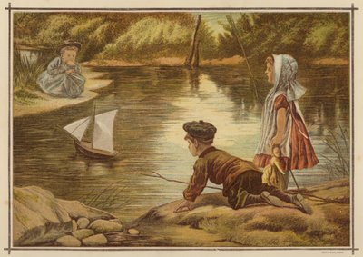 Børn lancerer en modelyacht (farve litho) af English School