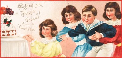 Børn ser på julemad, julekort af English School