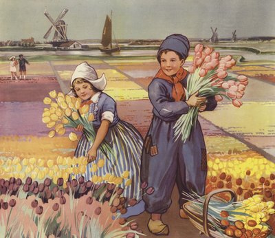 Børn plukker tulipaner i Holland (farvelitografi) af English School