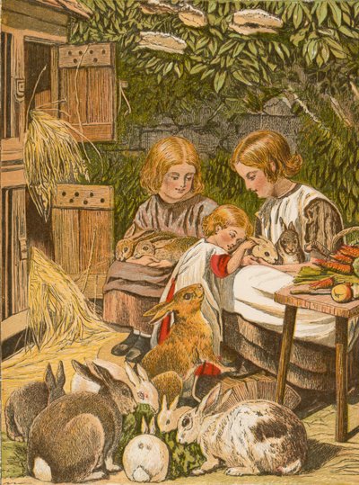 Børn med deres kælekaniner (farvelitografi) af English School
