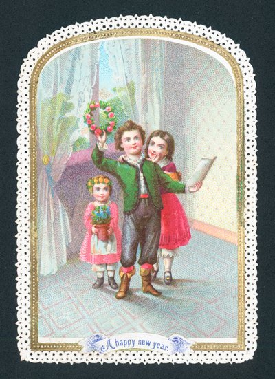 Børn med krans og blomster, nytårskort af English School
