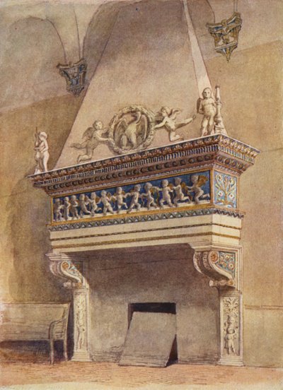 Skorstensstykke delle Agneli, Ducal Palace, Urbino, Italien (farve litho) af English School