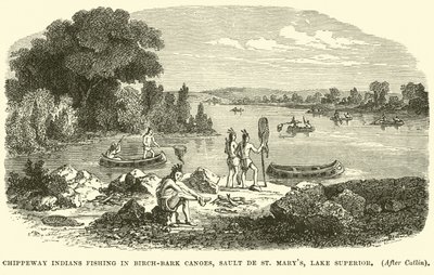 Chippeway-indianere, der fisker i birkebark-kanoer, Sault de St Marys, Lake Superior af English School