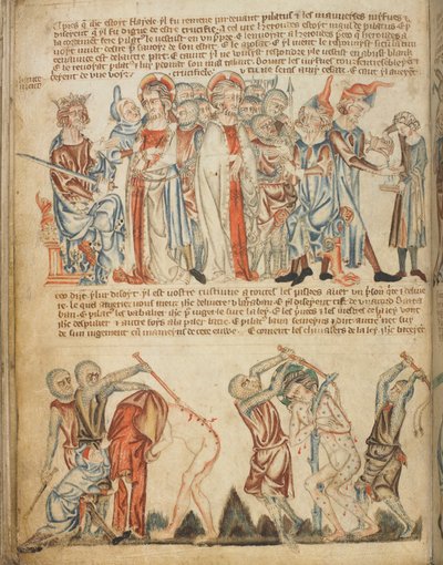 Kristus før Herodes og før Pilatus; Herodes vasker sine hænder; Kristi flagellering, Tilføj. 47682, f.30v, c.1320-30 (vellum) af English School