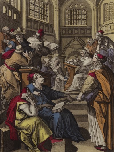 Kristus udspørger lægerne (farve litho) af English School