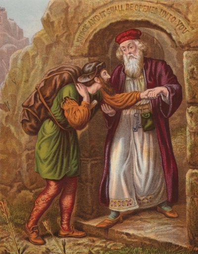 Christians ankomst til wicket-gate (farvelitografi) af English School