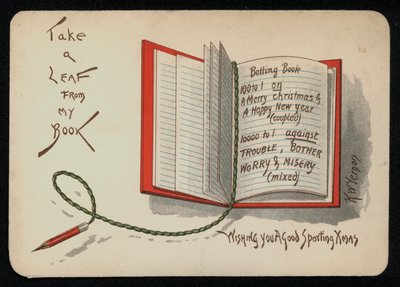 Jul og nytår ønsker afbildet i en betting bog, lykønskningskort. (chromolitho) af English School