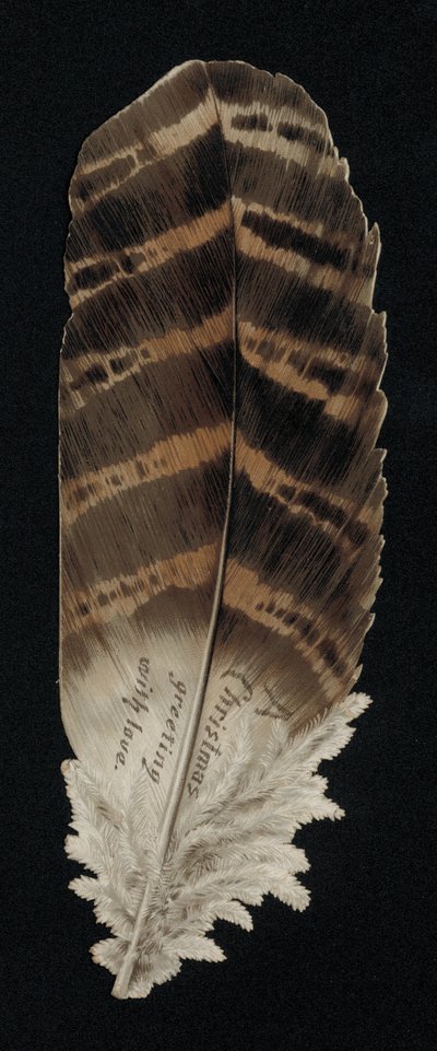 Julekort i form af en fjer, lykønskningskort. (chromolitho) af English School