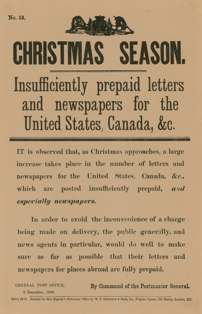 Juleportomeddelelse efter kommando af generalpostmesteren, 9. december 1890 af English School