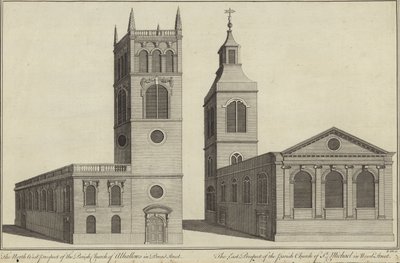 Church of Allhallows i Bread Street og Church of St Michael i Wood Street, London af English School