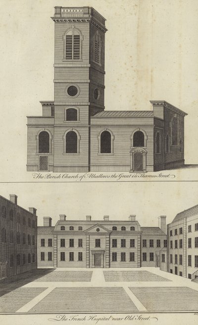 Church of Allhallows the Great, Thames Street og det franske hospital nær Old Street, London af English School