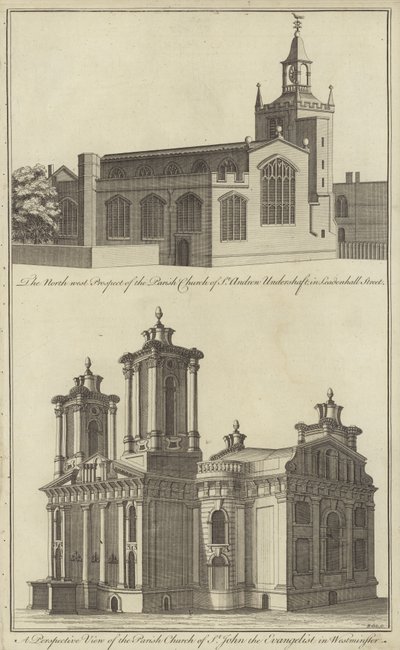 Church of St Andrew Undershaft i Leadenhall Street og Church of St John the Evangelist i Westminster, London af English School