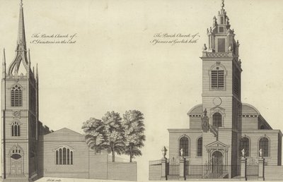 Church of St Dunstan i øst og Church of St James Garlickhythe, London af English School
