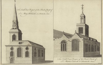 Church of St Mary Abchurch, Abchurch Lane og Church of St Martin Outwich i Threadneedle Street, London af English School
