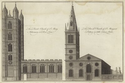 Church of St Mary Aldermary i Bow Lane og Church of St Margaret Pattens i Little Tower Street, London af English School