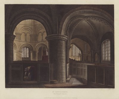 Den Hellige Gravs Kirke (Rundkirken), Cambridge (farvet gravering) af English School