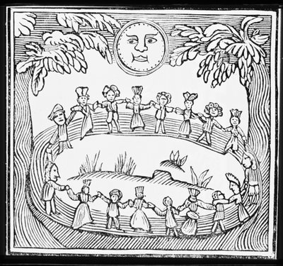 Circle of Witches Dancing Beneath a Full Moon, illustration fra en samling kapbøger om esoterica af English School