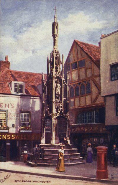 City Cross, Winchester (farvelitografi) af English School